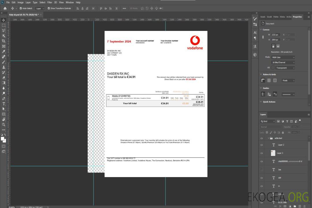 Modèle Word et PDF de facture de services publics Vodafone pour les entreprises du Royaume-Uni template
